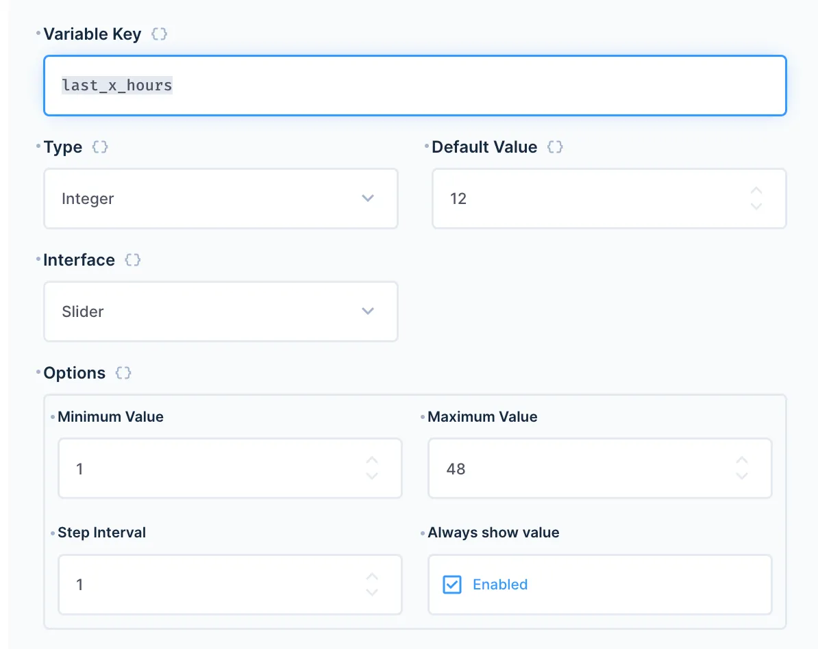Configuration screen of a global variable within the inisghts dashboard. Different settings for name, min, max values, or default can be set.